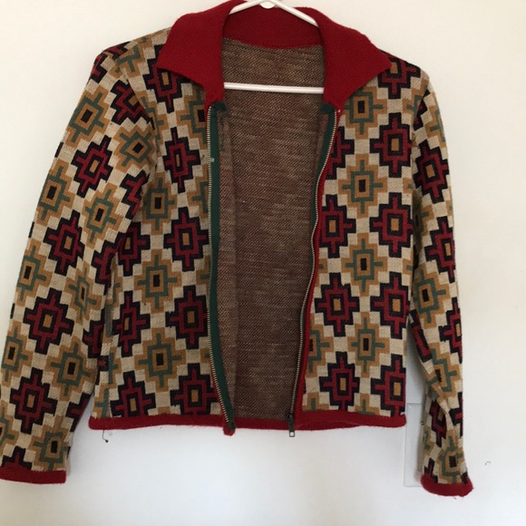 Wool red brown patterned sweater with zipper YKK - Picture 2 of 3